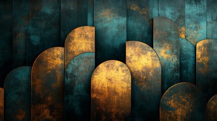 Dark teal gold abstract shapes textured background. AI Generated