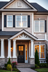 Fototapeta premium Luxury Dream Home Exterior at Night: Modern Architectural Design with Elegant Facade and Columns