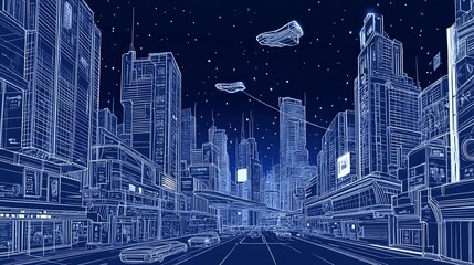 Futuristic Cityscape: A Neon Wireframe Metropolis Under a Starry Sky