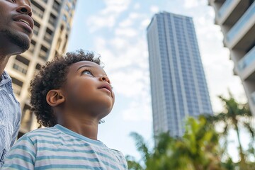 Father and son gazing up at skyscrapers in an urban setting, with palm trees in the foreground
