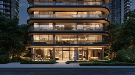 Obraz premium Modern apartment building with sleek design and warm lighting. Luxury living in an urban setting.