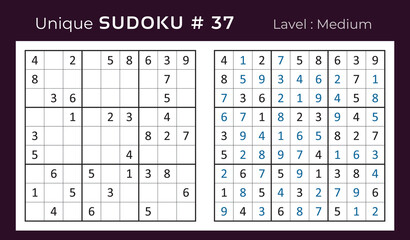 Vector sudoku puzzle with answer. Sudoku, number puzzle game with numbers for kids and adults.