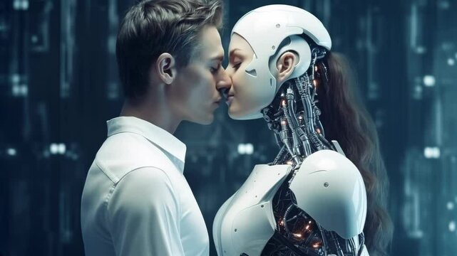 Romantic scene of a handsome man with his robotic girlfriend