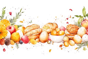 Easter celebration festive table with watercolor eggs and breads in bright atmosphere