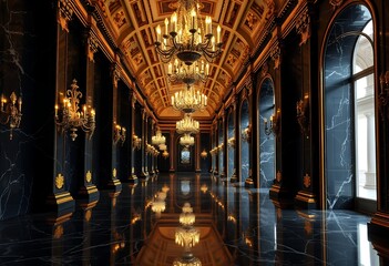 Obraz premium Luxurious Grand Hallway Decorated With Ornate Chandeliers and Elegant Black Marble, Generative AI