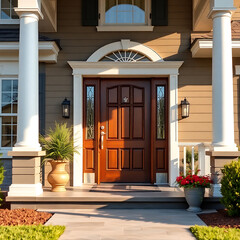 Elegant Home Exterior with Classic Design and Landscaping.  Beautiful front door and porch columns.  Luxury real estate property.