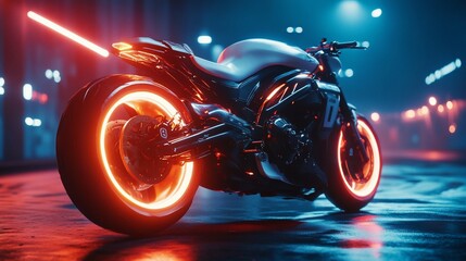 Neon Nights: Futuristic Motorcycle in Cityscape