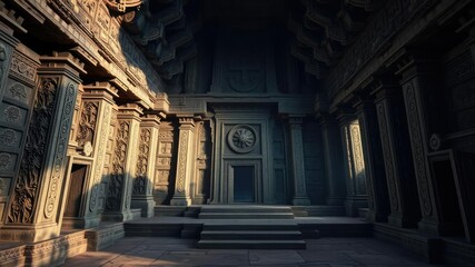 Ancient temple with intricate carvings and mysterious symbols, symbolic, ancient architecture, mysterious