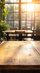 Empty wooden table in sunlit cafe. (1)