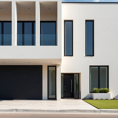 Modern House Exterior: Luxury Contemporary Home Design.  White minimalist architecture with black windows and sleek lines. Ideal for real estate and architectural websites.