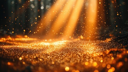 Luxurious Golden Sparkle Stage with Dramatic Lighting and Shimmering Particles