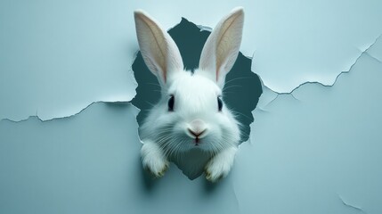 Obraz premium A playful white bunny peeking through paper, symbolizing fun and Easter joy. Perfect for holiday marketing and designs.