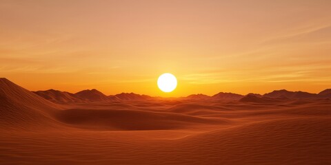 Fototapeta premium clean energy solar marketing concept. Serene desert landscape at sunset with warm orange hues and distant mountains.