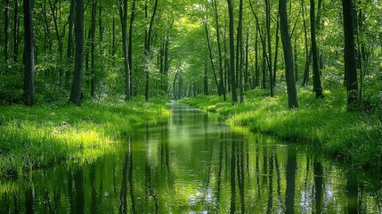Serene Forest Stream Reflecting Lush Greenery