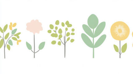 Minimalist illustration of various abstract trees and plants