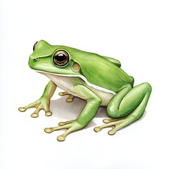 Obraz premium Detailed Watercolor Painting of a Vibrant Green Tree Frog on White Background