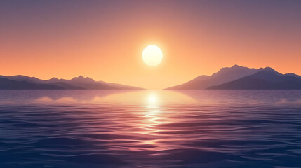 Naklejka premium serene sunset over calm ocean waters with distant mountains