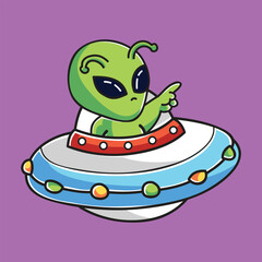 UFO and Green Alien Vector Cartoon Illustration. Space Icon Concept Isolated Premium Vector. Flat Cartoon Concept. Cute Doodle Cartoon Illustration Style. Suitable for Any Project