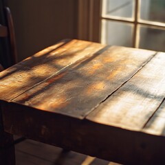 Sunlit rustic wooden table near window.