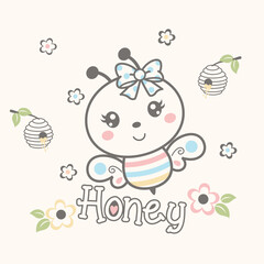 Cute bee vector illustration surrounded by beautiful flowers, buzzing around, with a love for honey and nature