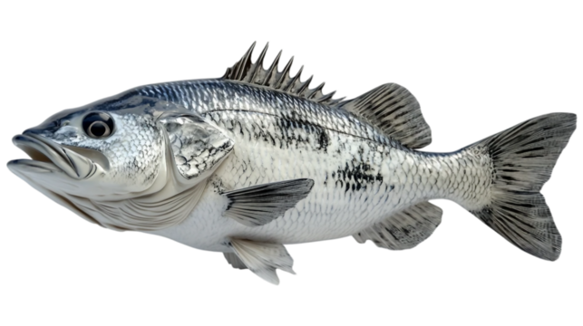 Fesh sea bass fish in natural colors isolated on white background. Suitable for marketing or business purposes. Panoramic banner with place for text