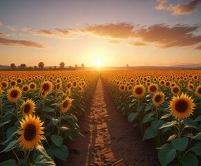 Fototapeta premium As the day comes to a close, the vibrant orange hues of the setting sun create a beautiful backdrop for rows of tall, healthy-looking sunflowers, beautiful sunset, landscape photography, warm colors