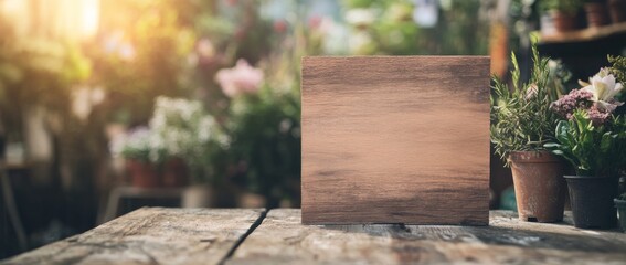 Blank wooden sign in a flower shop filled with vibrant plants and blooms, ideal for creative design mockups