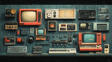 Fototapeta premium Vintage technology and electronics collection arranged on a retro circuit board background.