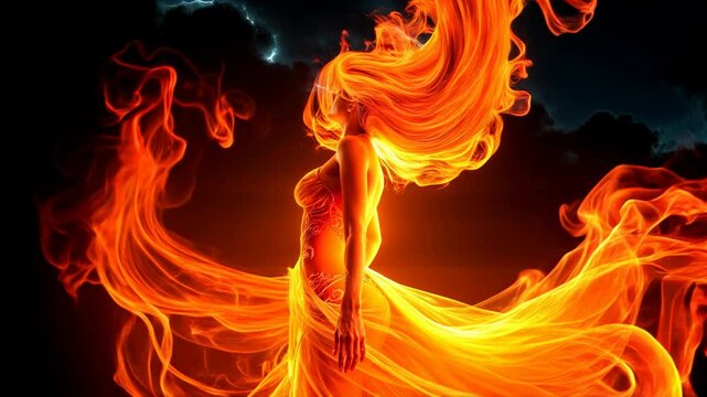 Fire Goddess Woman Dancing in Flames with Lightning. Mystical woman figure with flowing fire hair and dress made of flames dancing in a thunderstorm. 