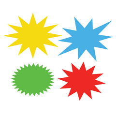 bursting shape speech bubbles set. starburst and sunburst cartoon with different color isolated on white background