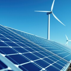 Solar Panel Close-Up with Wind Turbines in Background Under Clear Sky