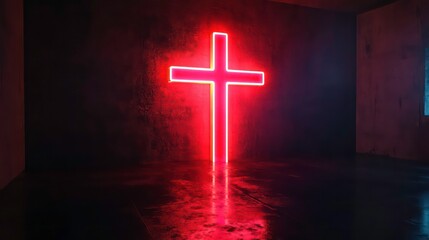 Obraz premium Glowing neon cross emitting light in dark room
