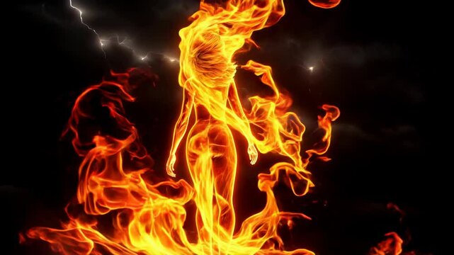 Fire Goddess Woman Dancing in Flames with Lightning. Mystical woman figure with flowing fire hair and dress made of flames dancing in a thunderstorm. 