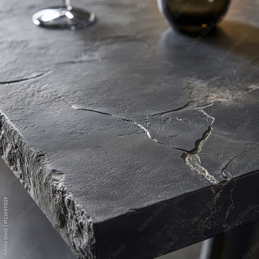 Poster close-up of dark gray stone table top with rough texture and subtle cracks.