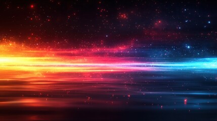 Bright light streaks in red orange and blue on black background with glowing horizontal lines in motion blur effect