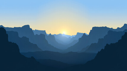 Serene mountain landscape at sunrise with blue hues
