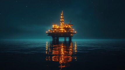 Fototapeta premium Night view of an oil platform with bright lights, reflecting on calm ocean water