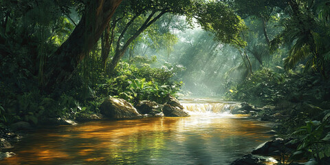 Wide deep dirty brown water river flow through jungle terrain, rainforest rivers background