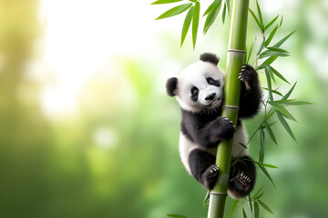 Obraz premium Giant panda climbing and eating bamboo.
