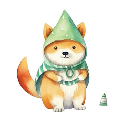watercolors Cute shiba inu dog wearing pilot helmet illustration