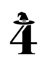 Number 4 with Witch Hat Silhouette, Black silhouette of the number 4 wearing a witch's hat, symbolizing Halloween, magic, and spooky themes on a white background.  
  
