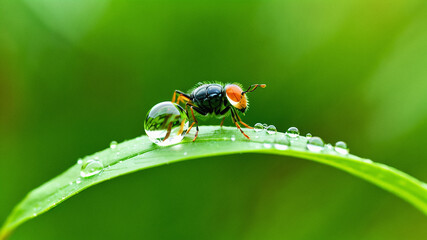 Water droplets, insects, nature, green leaves, background, template