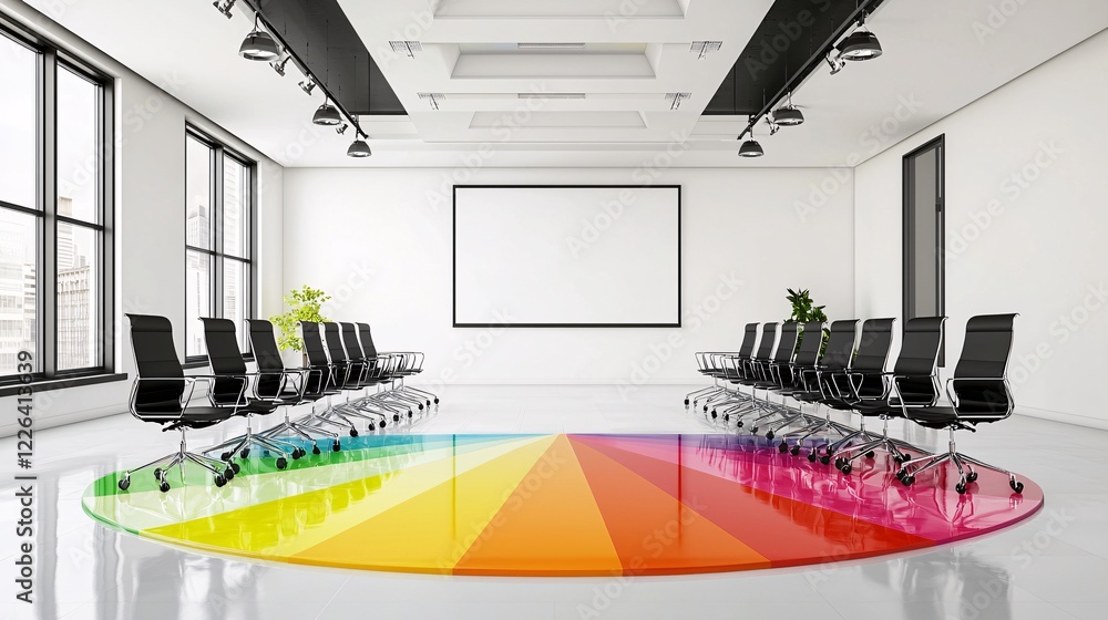 Poster a colorful pie chart displayed on a large monitor in a meeting room, illustrating competition and pr