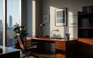 American-style executive office featuring a large wooden desk, a comfortable ergonomic chair, and a contemporary desk lamp. 