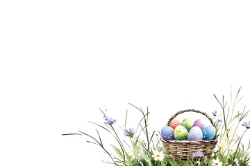 Fototapeta premium Easter day celebration watercolor style basket of eggs nature spring festive vibes