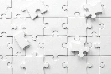 Fototapeta premium Unassembled white jigsaw puzzle pieces scattered on a flat surface, representing the concept of incomplete tasks or a problem needing a solution.