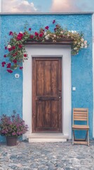 Fototapeta premium Blue House Exterior with Wooden Door Roses Chair Cobblestone