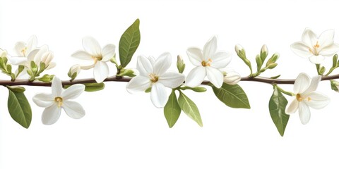 Elegant White Blossom Branch with Green Leaves on a Clean White Background for Floral Design and Decoration Needs