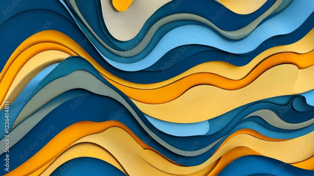 Poster colorful abstract design featuring undulating layers of blue, yellow, and gray in a flowing pattern
