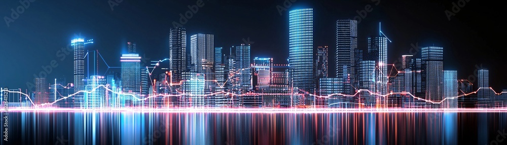Poster a futuristic cityscape with glowing digital graphs representing statistics and competitive insights.